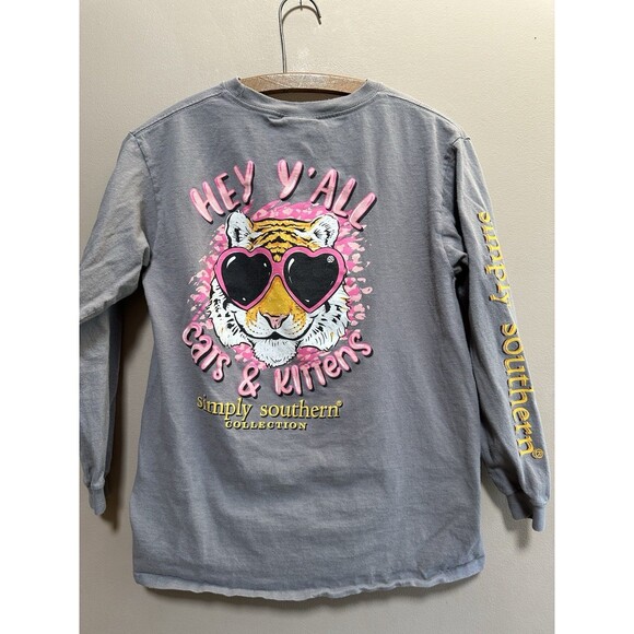 Simply Southern Long Sleeve T Shirt Size Youth Large Cats & kittens Gray Cotton - Picture 1 of 10